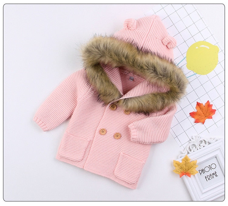 Pudcoco US Stock New 0-24M Baby Sweater Coat Cute Fur Collar Animal Hooded Knitting Baby Coat Autumn Winter Warm Clothes