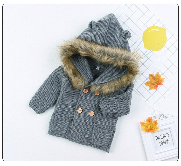 Pudcoco US Stock New 0-24M Baby Sweater Coat Cute Fur Collar Animal Hooded Knitting Baby Coat Autumn Winter Warm Clothes