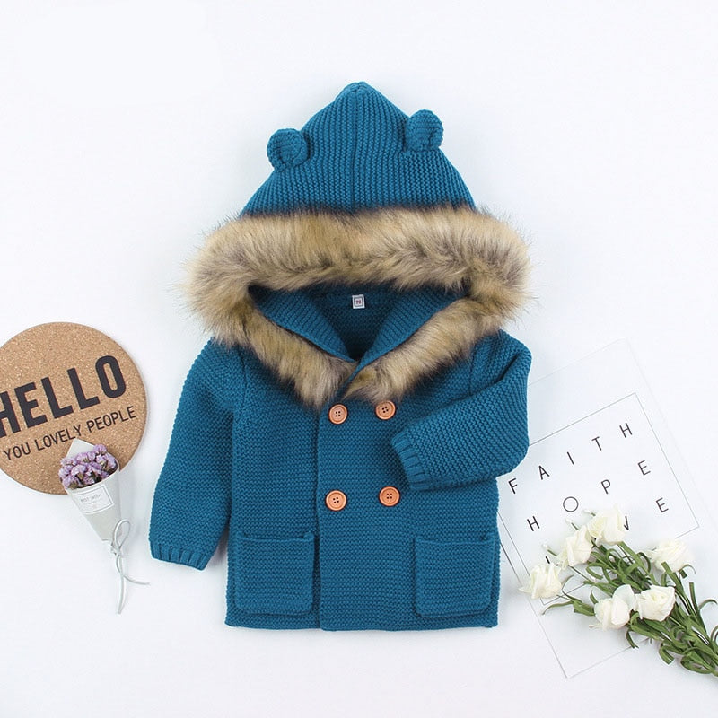 Pudcoco US Stock New 0-24M Baby Sweater Coat Cute Fur Collar Animal Hooded Knitting Baby Coat Autumn Winter Warm Clothes