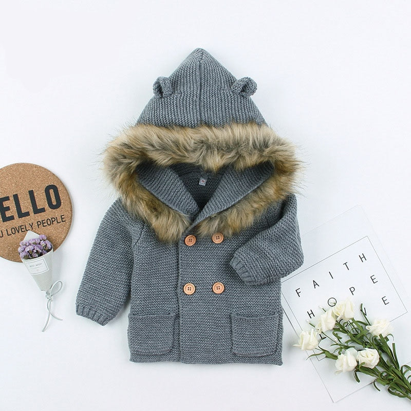 Pudcoco US Stock New 0-24M Baby Sweater Coat Cute Fur Collar Animal Hooded Knitting Baby Coat Autumn Winter Warm Clothes