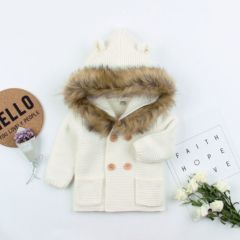 Pudcoco US Stock New 0-24M Baby Sweater Coat Cute Fur Collar Animal Hooded Knitting Baby Coat Autumn Winter Warm Clothes