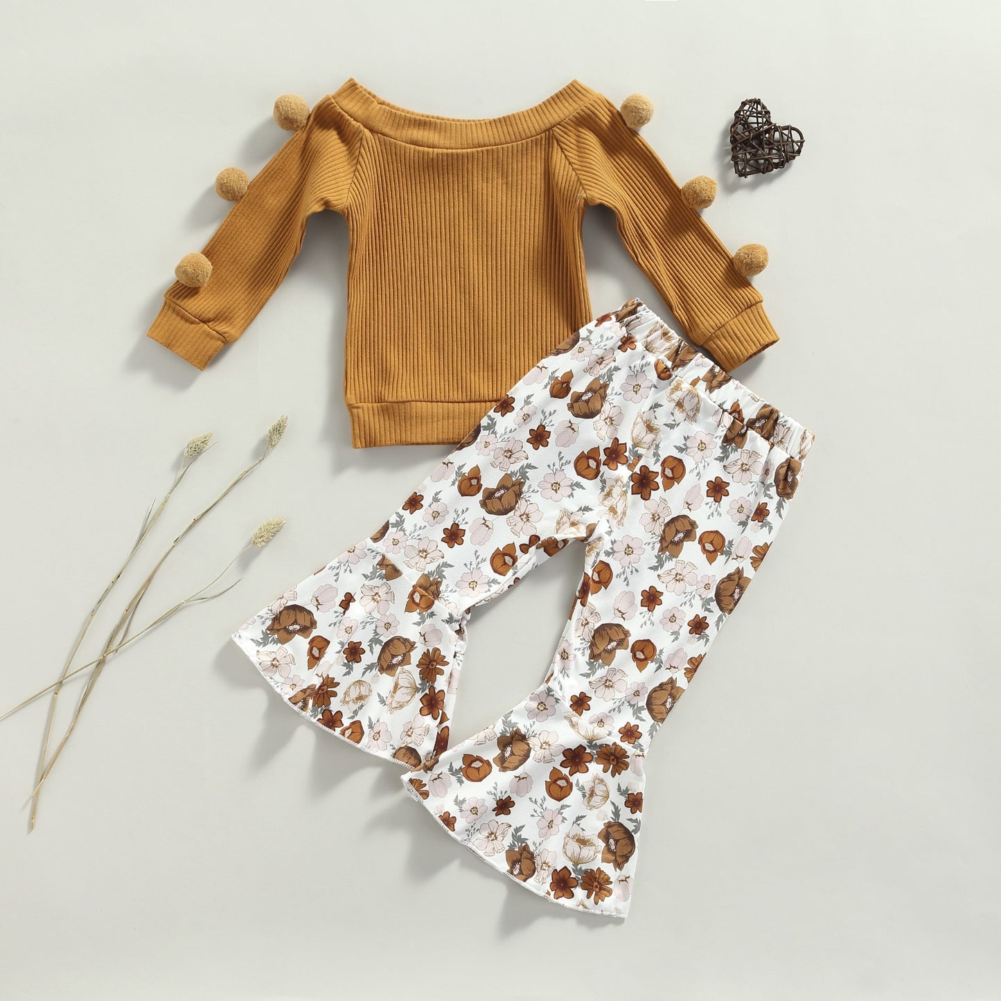 2021-07-05 Lioraitiin 0-4Years Toddler Baby Girl 2Pcs Autumn Fashion Clothing Set Long Sleeve Knitting Solid Top Flared Pants