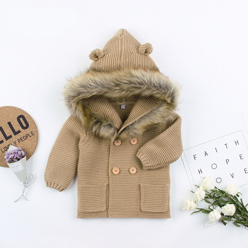 Pudcoco US Stock New 0-24M Baby Sweater Coat Cute Fur Collar Animal Hooded Knitting Baby Coat Autumn Winter Warm Clothes
