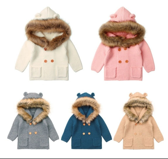 Pudcoco US Stock New 0-24M Baby Sweater Coat Cute Fur Collar Animal Hooded Knitting Baby Coat Autumn Winter Warm Clothes