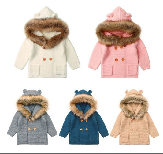 Pudcoco US Stock New 0-24M Baby Sweater Coat Cute Fur Collar Animal Hooded Knitting Baby Coat Autumn Winter Warm Clothes