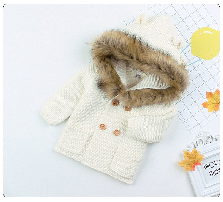 Pudcoco US Stock New 0-24M Baby Sweater Coat Cute Fur Collar Animal Hooded Knitting Baby Coat Autumn Winter Warm Clothes